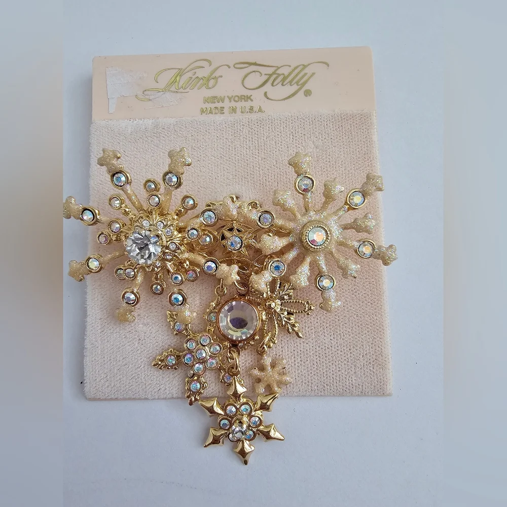 Vintage Kirks Folly Snowflake Dangle Brooch Pin AB Crystals Gold Tone Signed